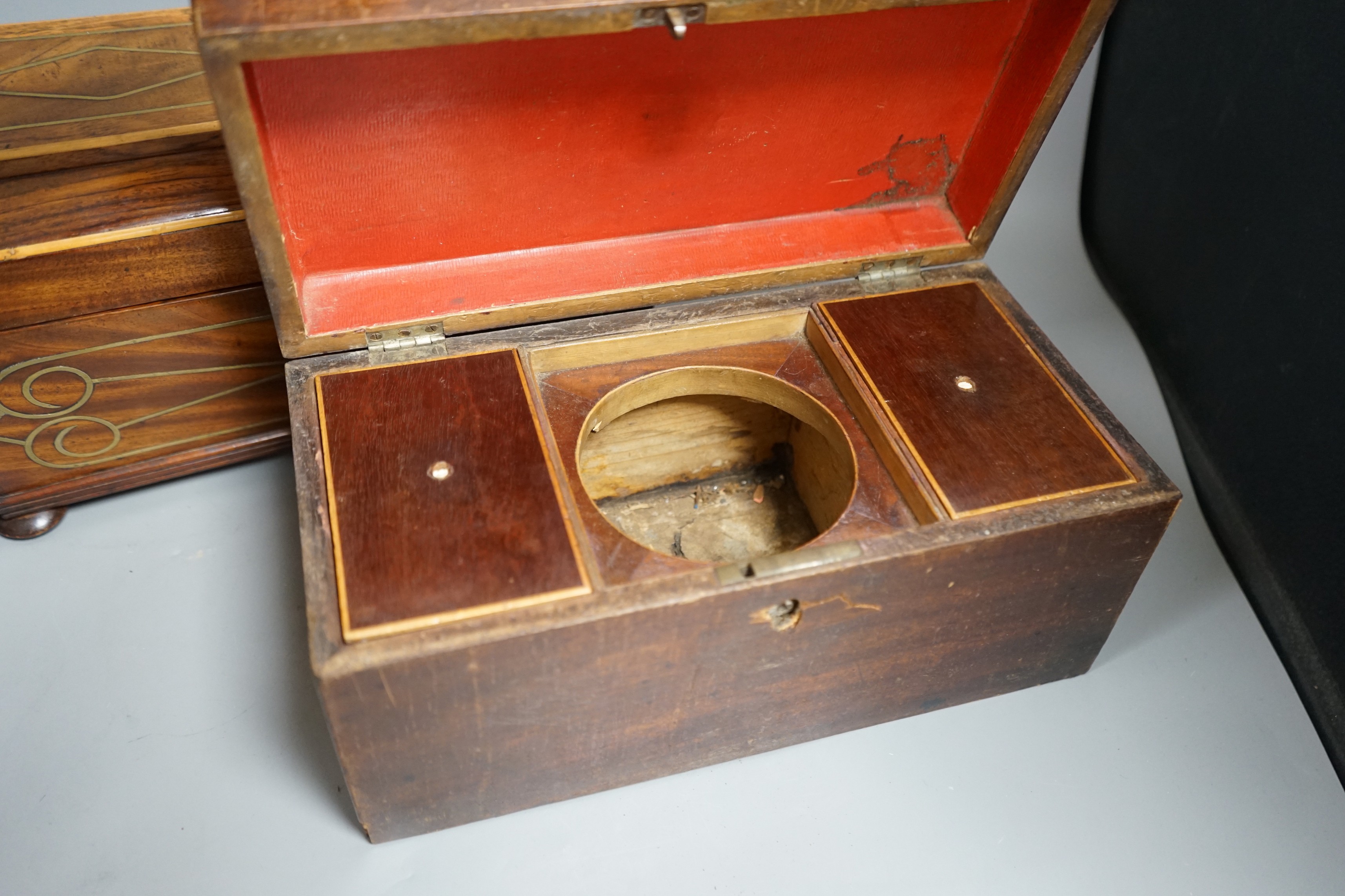 A Regency brass inlaid sarcophagus tea caddy and a George III mahogany caddy, sarcophagus caddy, 18.5cms high